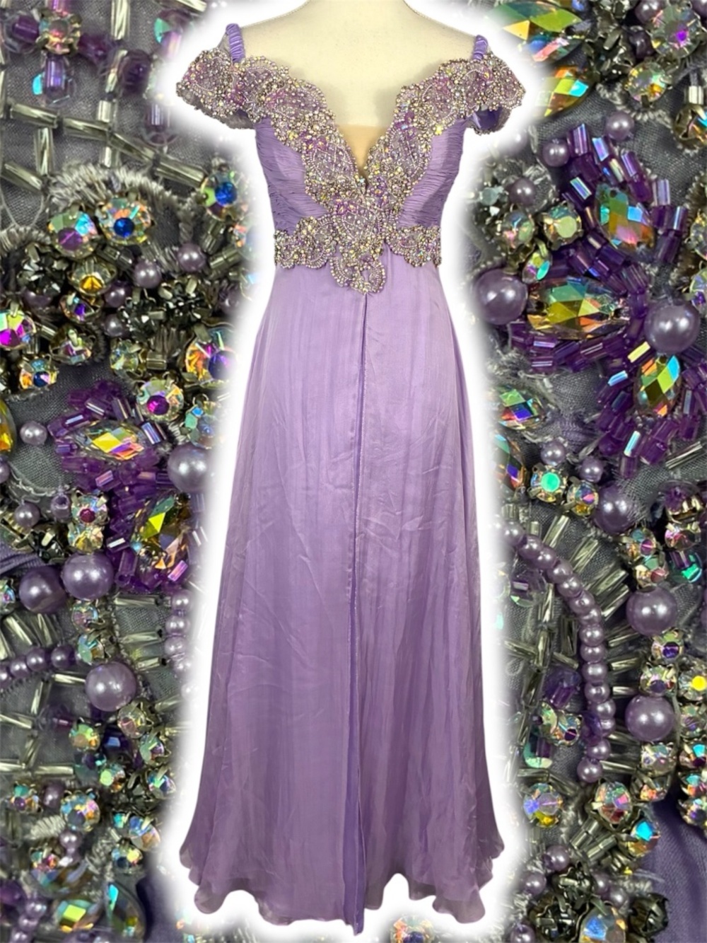 Mac Duggal Silk Beaded Gown 6 Lavender Purple Rapunzel Maxi Dress Off Shoulder